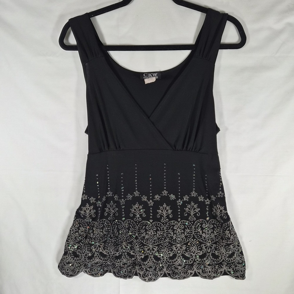 Y2K‎ Black Sequin Fairy Grunge Babydoll Tank Top XL Made in USA